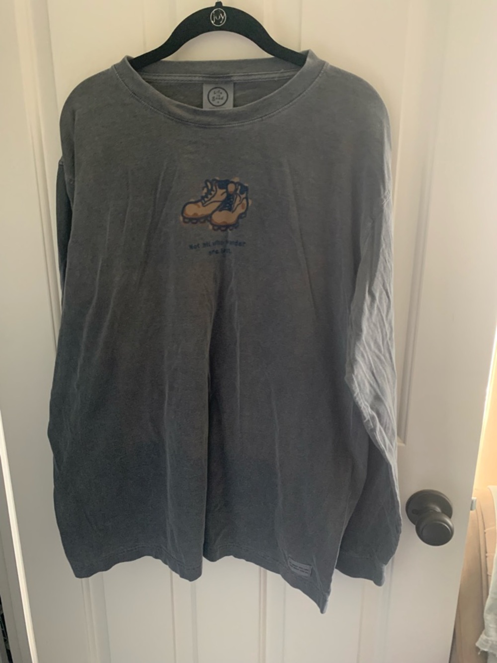 Life Is Good Men's Long-Sleeve Shirt in Charcoal with Hiking Boot Graphic